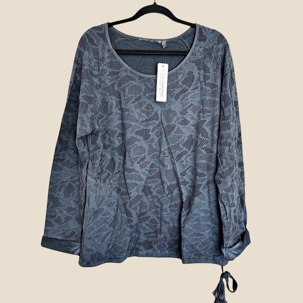 Soft Surroundings New Medium Top Mesh Front Panel Tie Front Long Sleeves Blue